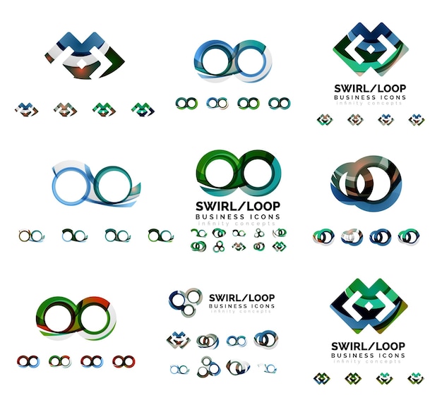 Set di disegni di branding del logotipo dell'azienda ricciolo icone di concetto di loop infinito isolate su bianco