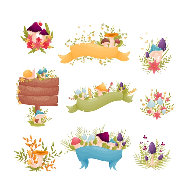 Set composities van kleurrijke paddestoelen met bloemen en bladeren.