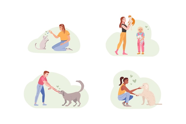 Vector set of composition with pet owners playing with pets spending time with cats and dogs concept