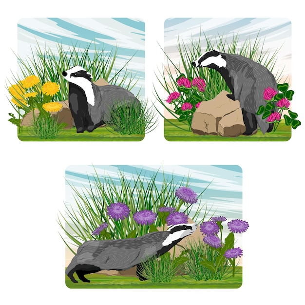 Vector a set of compositions with badger in a meadow with flowers