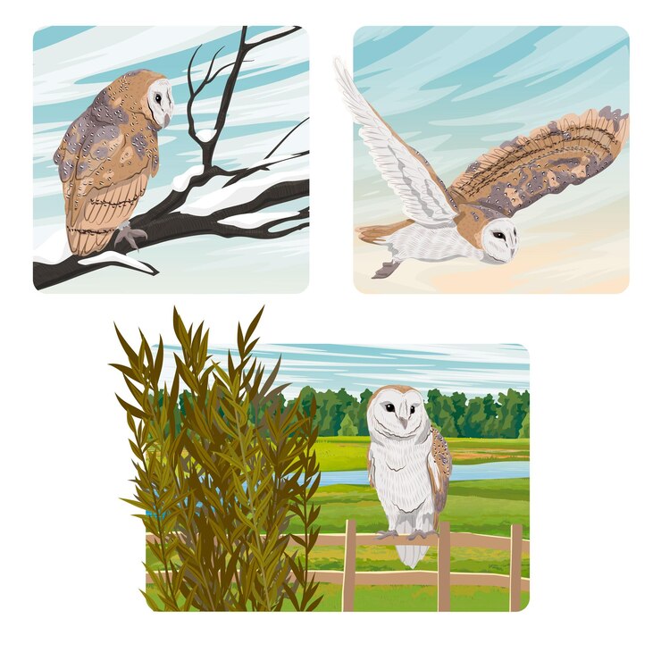 A set of compositions with barn owls in nature in different seasons wild birds Realistic vector