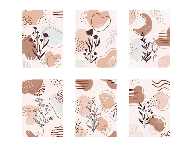 Set di composizioni con foglie astratte e forme texture collage trendy per il design