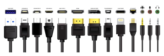 set of computer connectors or usb universal connector symbols or various usb plug connector