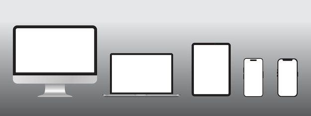 空白の画面が分離されたコンピューターのラップトップのタブレットとスマートフォンのダークグレー色のモックアップのセット