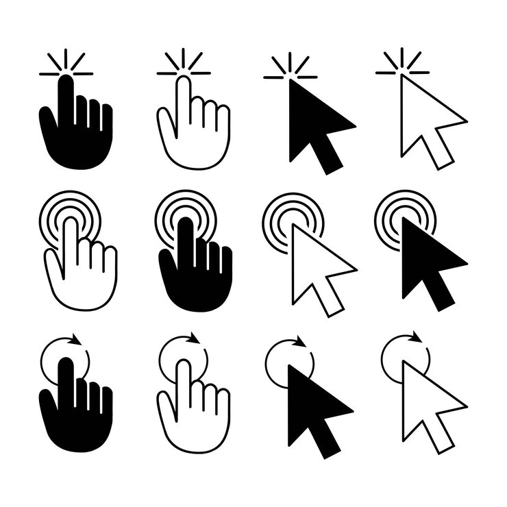 Vector set of computer mouse cursor pointers mouse cursor click icons pointer cursor arrow and hand vect