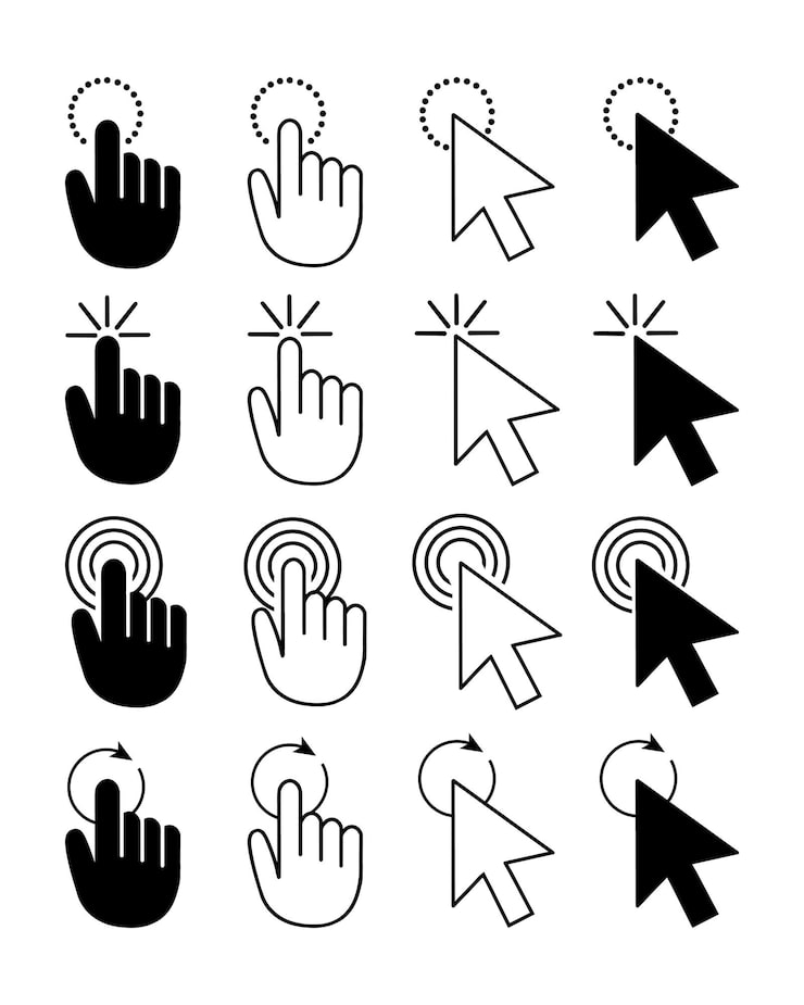 Vector set of computer mouse cursor pointers mouse cursor click icons pointer cursor arrow and hand vect