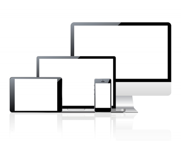 Set of computers and devices with blank screen