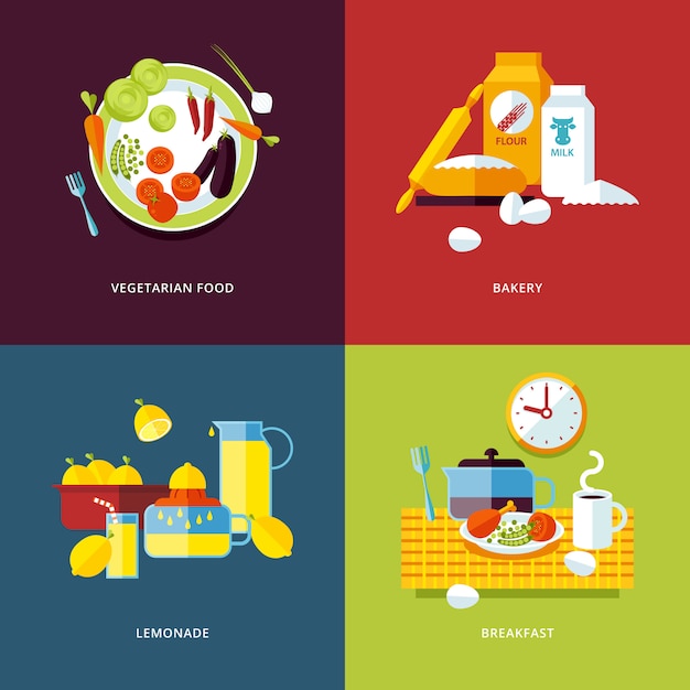 Set of   concept icons for food and drinks. icons for vegetarian food, bakery, lemonade and breakfast compositions.