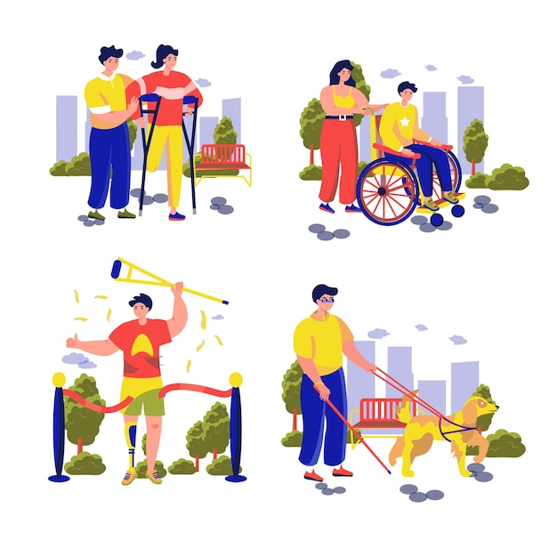 Vector set concept mensen met een handicap met mensenscène in het platte cartoonontwerp