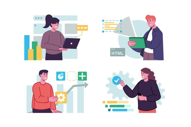 set concept web development with people scene in the flat cartoon style creative designers develop