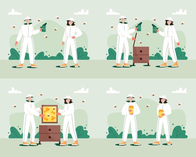 Set of concepts of beekeeping farm Man and woman in hat and protective uniform