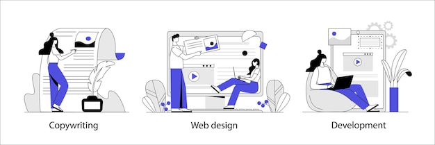 카피라이팅 cms 개발 웹 디자인 문자를 파란색으로 테마로 한 개념 세트