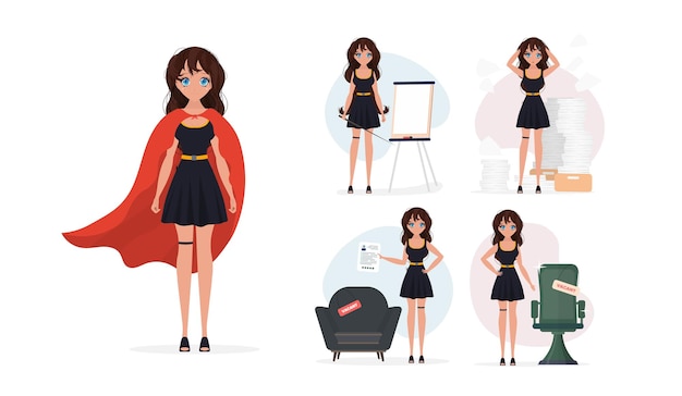 A set of concepts with a girl on the topic of business and HR Cartoon style For banners websites applications and presentations Vector