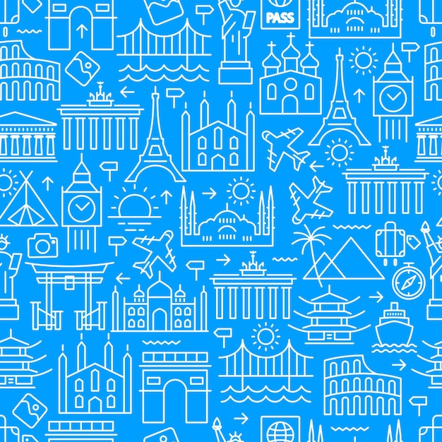 Vector set of conceptual travel icons background on the theme of travel seamless background