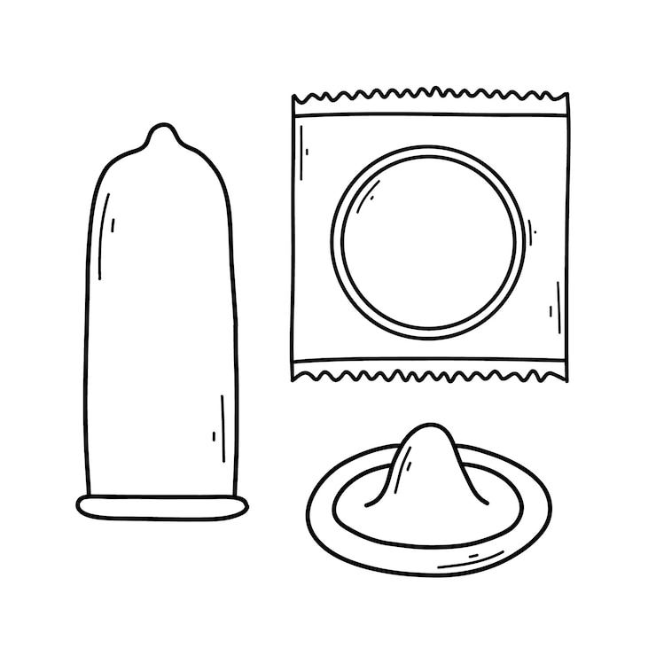 Vector 落書きスタイルのコンドームのセット ベクトルイラスト さまざまな種類のコンドームのコレクション 線形スタイル 避妊の種類