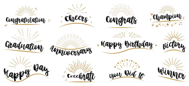 Set of congratulatory texts for different holidays Congratulation cheers champion anniversary happy birthday victory celebrate