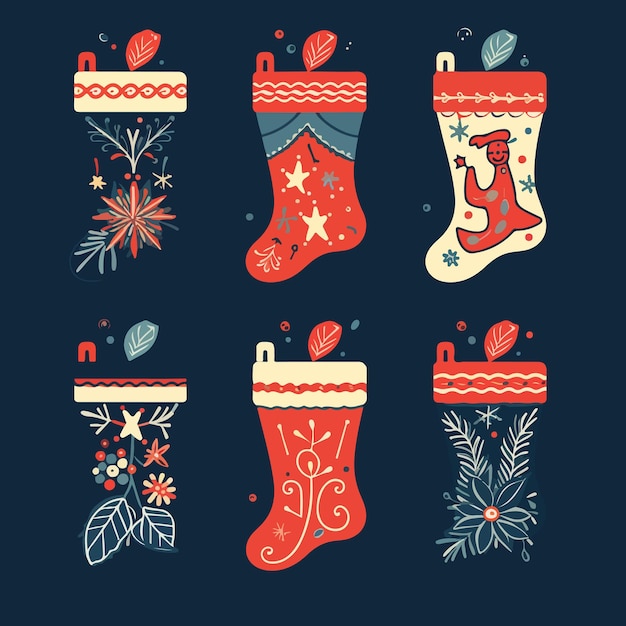 Set consisting of 6 Christmas stockings in vector