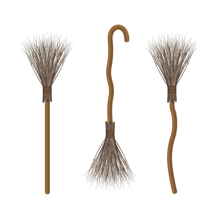 वेक्टर a set consisting of witch brooms of various shapes a vehicle of evil spirits the witch s broom is a halloween symbol a vector illustration isolated on a white background