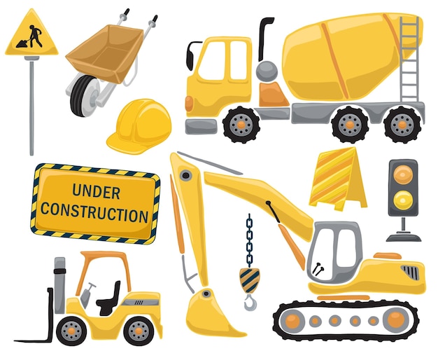 Vector set of construction elements with construction vehicles