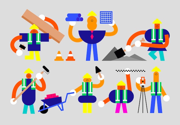 Set of Construction Humanoids Flat Geometric Character Design