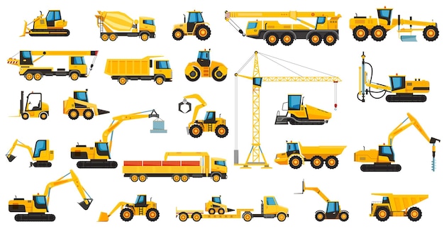 建設機械クレーンブルドーザーと掘削機のセット。建設、クレーン、掘削機の機械トラックの図のブルドーザーのベクトル