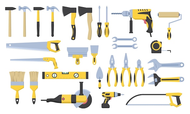 Vector set of construction tools saws hacksaws hammers screwdrivers paint brushes collection of realistic