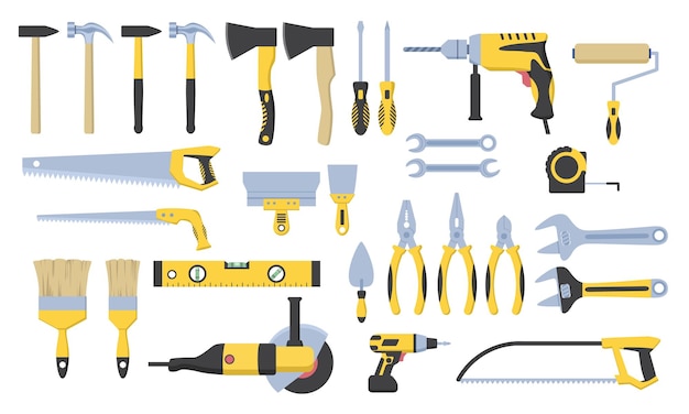 Набор строительных инструментов пилы пилы молотки отвертки красочные кисти коллекция реалистичных