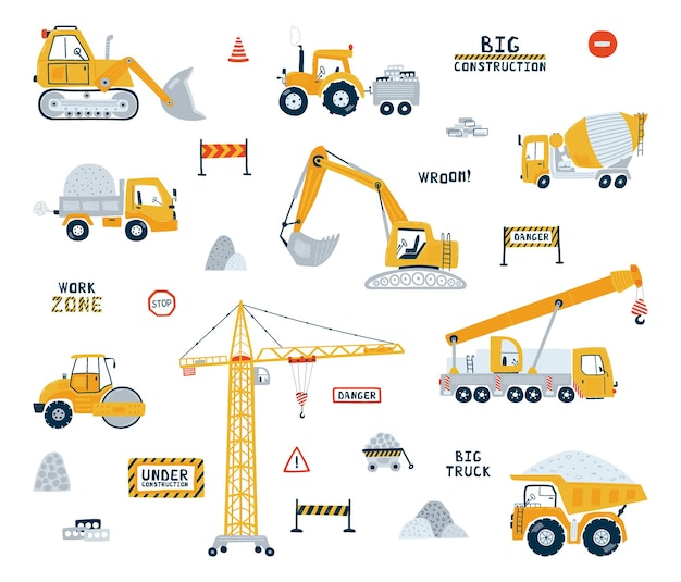 Set construction vehicle illustration with yellow cars vector