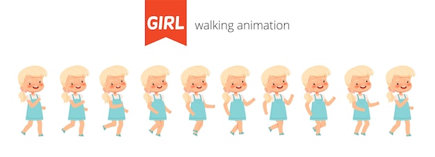 かわいい女の子のコンストラクターアニメーションウォークを設定します。アニメーションのために歩く子供のポーズ。漫画フラットベクトルイラスト。白い背景で隔離。