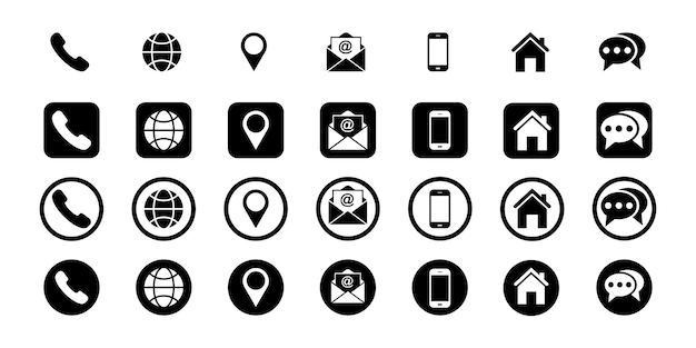 Set of contact us vector icons. Web communication icons phone, site, location, email, mobile, home.