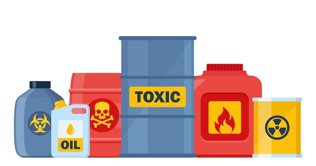 Set of containers with toxic chemical substances Dangerous Toxic Biohazard Radioactive Flammable