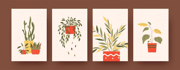 Set of contemporary art posters with floral and natural theme. vector illustration. 
colorful collection of plants in pots