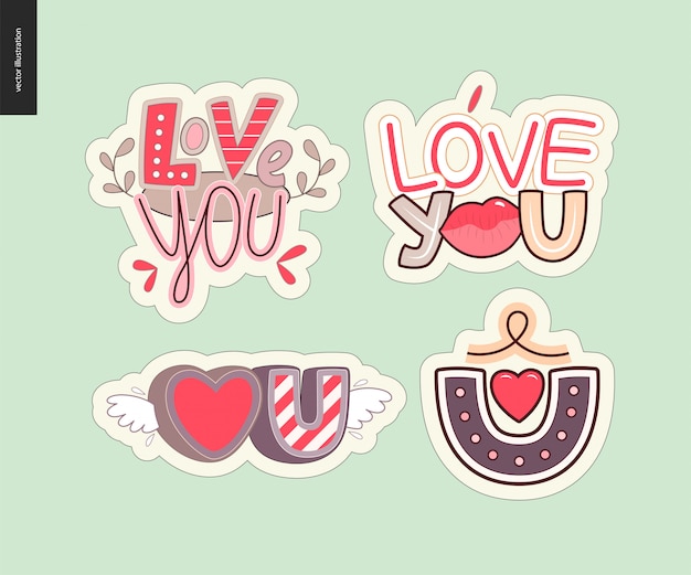 Vector set of contemporary girlie love you letter logo