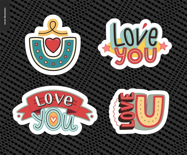 Vector set of contemporary girlie love you letter logo