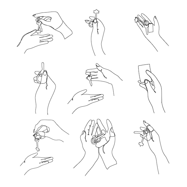 Vector set continuous line drawing the hand holds the keys to the car or apartment real estate sale concept vector illustration isolated on white background