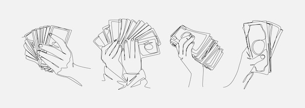 set continuous one line drawing of hand holding many banknotes wad of money editable line