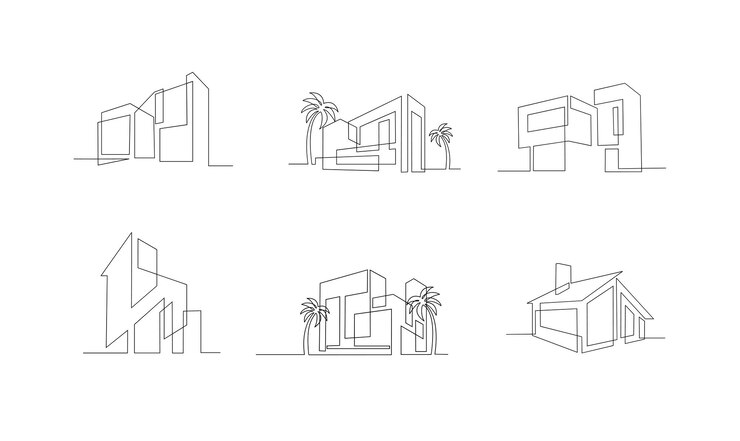 Vector set continuous one line drawing modern house logo