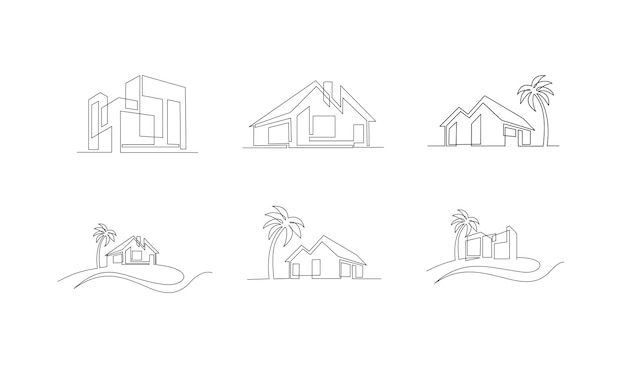 Set Continuous one line drawing Modern house logo