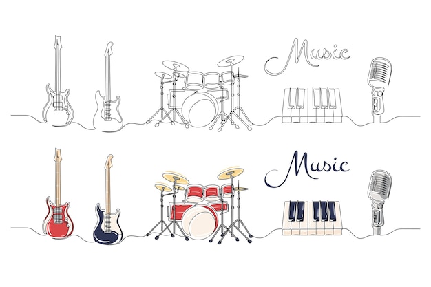 Vector set of continuous one line drawing of musical instruments