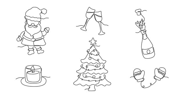 Vettore set di disegni continui a una linea di albero di natale, guanti di babbo natale, candela, champagne