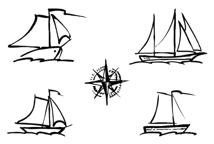 Vector set contour handtekeningen verschillende zeilboten geïsoleerd op wit