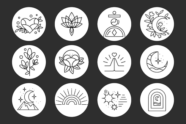 Set of contour magic icons, flowers, moon, sun and stars. Illustration, print, vector