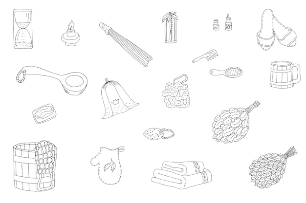 Set of contour vector elements for a finnish bath Isolated objects are handdrawn in ink