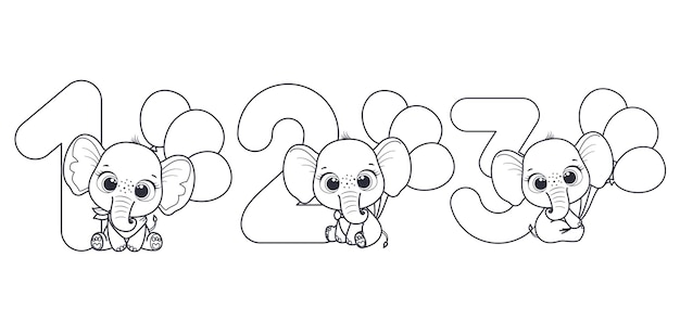 A set of contours of cute baby elephants for their birthday 123 years Vector illustration of a cartoon