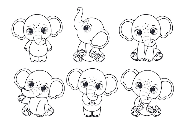 A set of contours of cute elephants Vector illustration of a cartoon