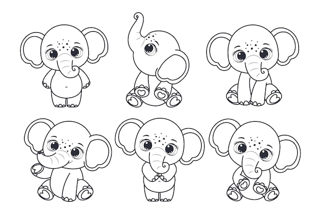 A set of contours of cute elephants vector illustration of a cartoon