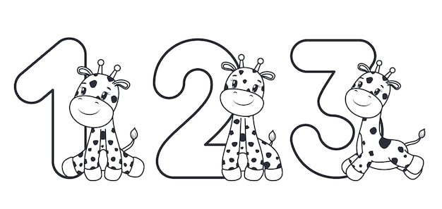A set of contours of cute giraffes for a birthday 123 years Vector illustration of a cartoon