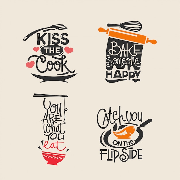 Set of cooking and kitchen quotes label, typography paper cut and lettering