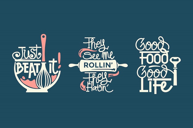 Set of cooking and kitchen quotes label, typography paper cut and lettering