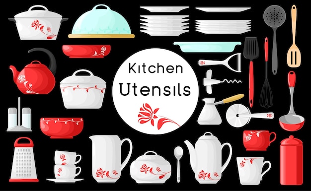 Vector set of cookware isolated on black background.  illustration. kitchen utensils.